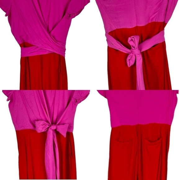 MAISON JULES COLORBLOCK PINK RED SHORT SLEEVE DRAPED TIE JUMPSUIT - Picture 8 of 16